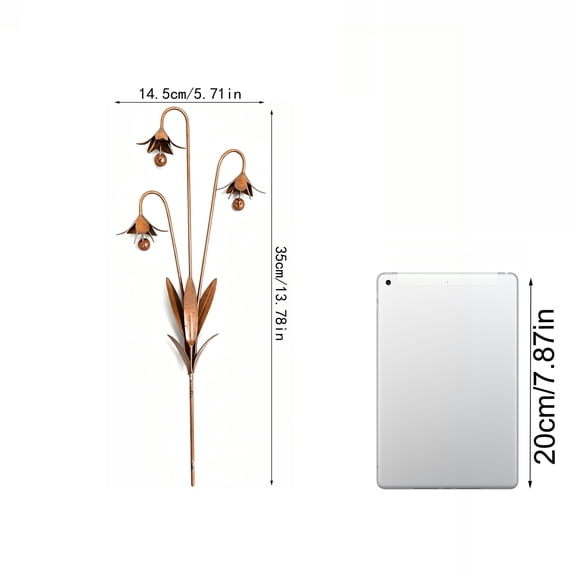 Triple Metal Flower Garden Stake, Vintage Bronze Bell Flower Yard Art with Wind Chimes, Weather-Resistant Handmade Lawn Ornament for Outdoor Pathway, Patio & Flower Bed Decor