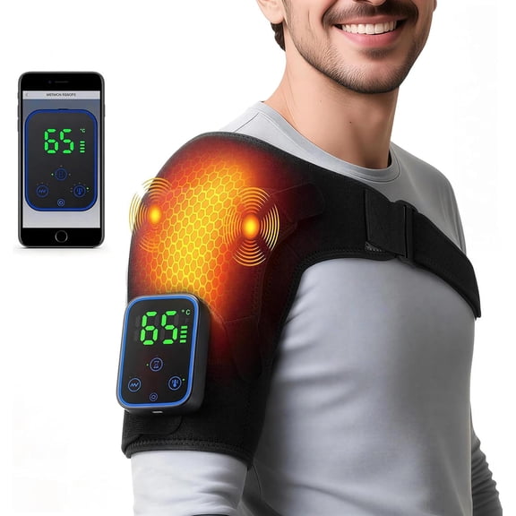 Triple Method Shoulder Massager, 7 Temperature Levels & 3 Vibration Intensities, APP & Touch Control, 5000mAh Battery Long-Lasting Use, Adjustable Wrap for Shoulder Pain Relief (Black Upgrade)