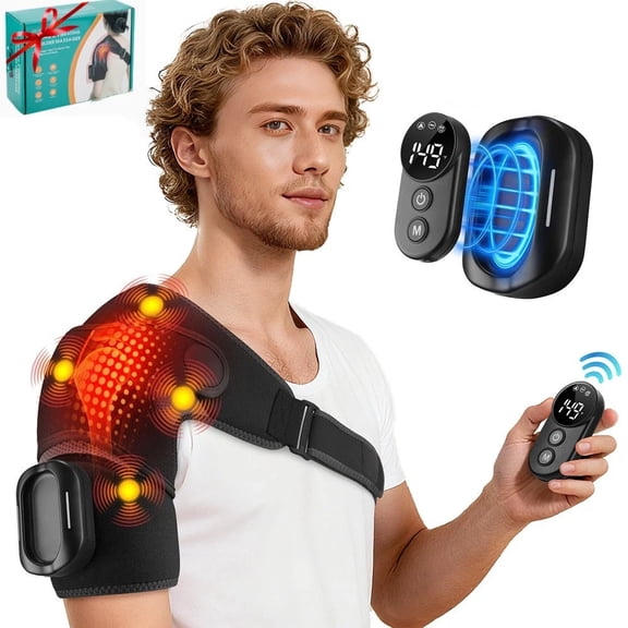 Triple Method Shoulder Massager and Shoulder Heating Pad with Massage, Featuring 5 Heating Levels & 5 Vibration Modes, 5000mAh Battery for Long-Lasting Power and Adjustable Design (Black)
