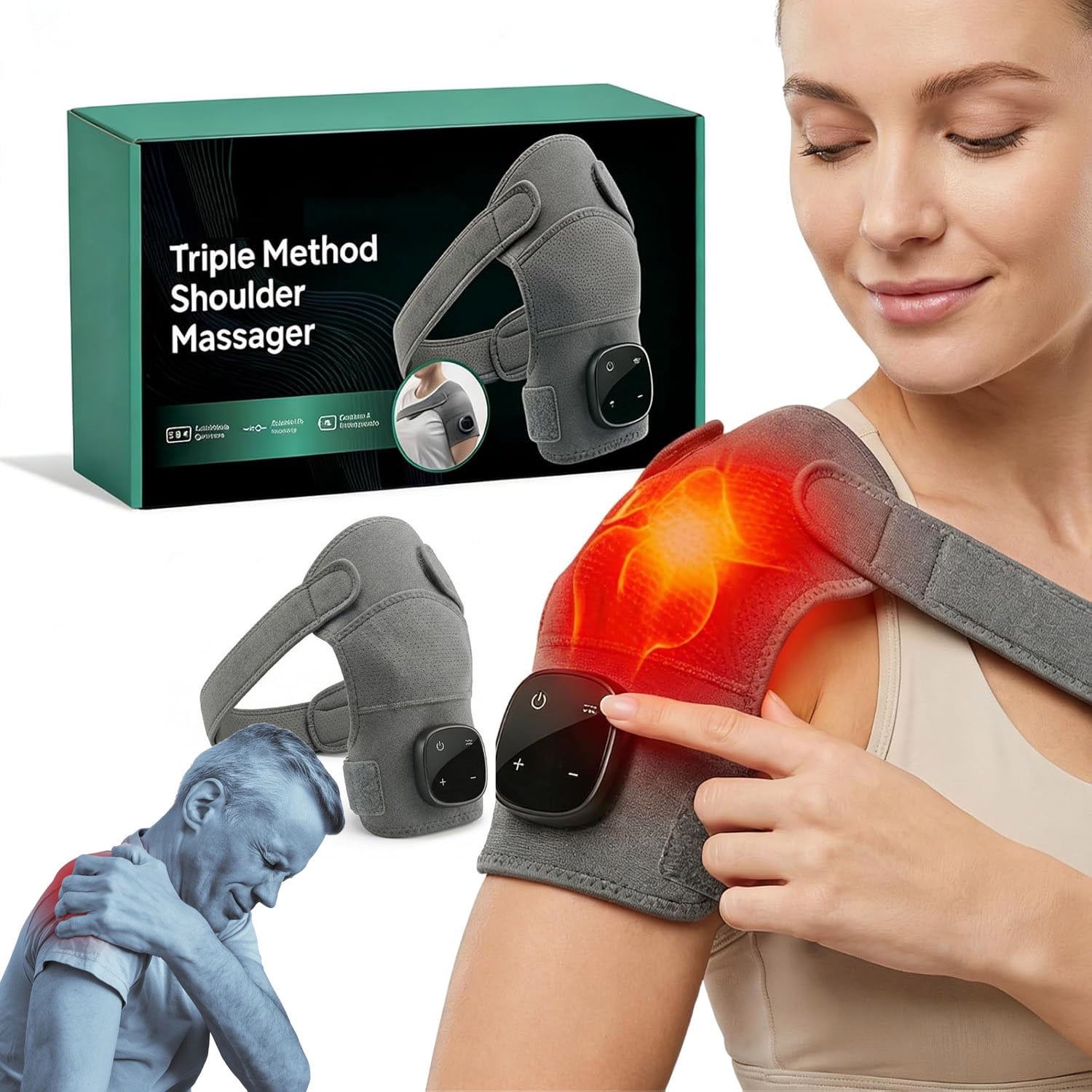 Triple Method Shoulder Massager with Heat, Compression & Vibration Massage, Triple Therapy for Shoulder Tension, Muscle Pain Relief & Relaxation