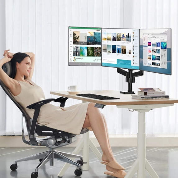 Triple Monitor Desk Mount, 3 Screen Arms for Flat/Curved Screens to 27 inch, Hold to 17.6lbs Each, Fully Adjustable Gas Spring Monitor Stand, VESA 75x75/100x100
