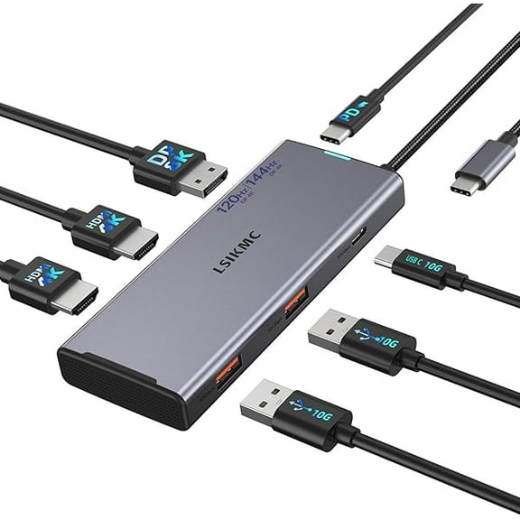 Triple Monitor Docking Station - 7-in-1 USB-C Laptop Dock with DP 4K@144Hz/ 8K@30Hz, Dual HDMI 4K@60Hz, 10Gbps USB A/C, 100W PD for Windows/Mac