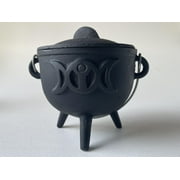 Triple Moon Cast Iron Cauldron With Lid and Handle, Witches Cauldron, Great For Use With Charcoal Incense, Smudge Sage, 4.25"-4.5"