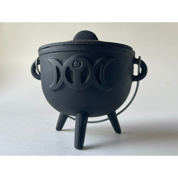 Triple Moon Cast Iron Cauldron with Lid, Perfect for Smudging & Ritual
