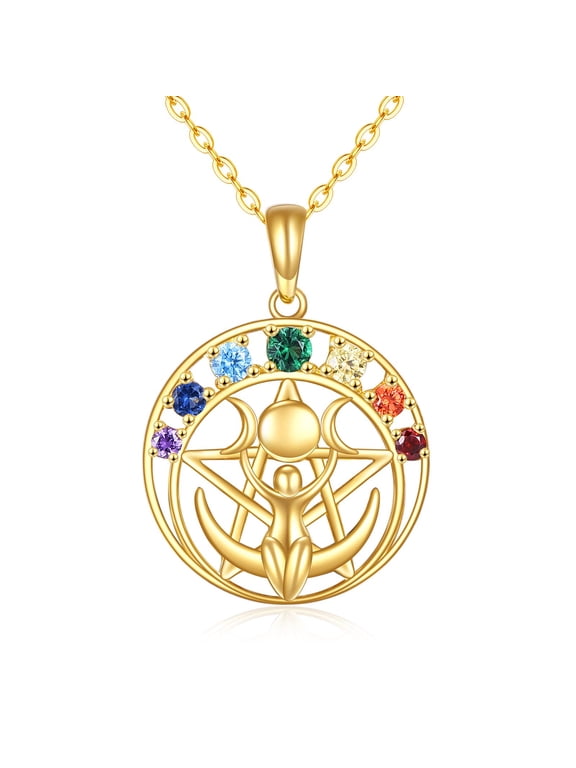 Triple Moon Goddess Necklace 14K Gold Chakra Moon Pentagram Pentacle Necklace Pagan Wiccan Magic Amulet Jewelry Christmas Gifts for Women Her