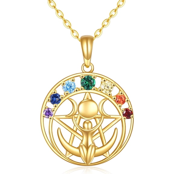 Triple Moon Goddess Necklace 14K Gold Chakra Moon Pentagram Pentacle Necklace Pagan Wiccan Magic Amulet Jewelry Christmas Gifts for Women Her