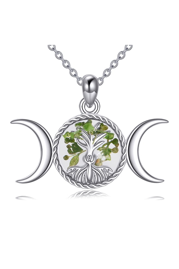 Triple Moon Goddess Necklace 925 Sterling Silver Pagan Wiccan Magic Amulet Tree of Life Jewelry for Women