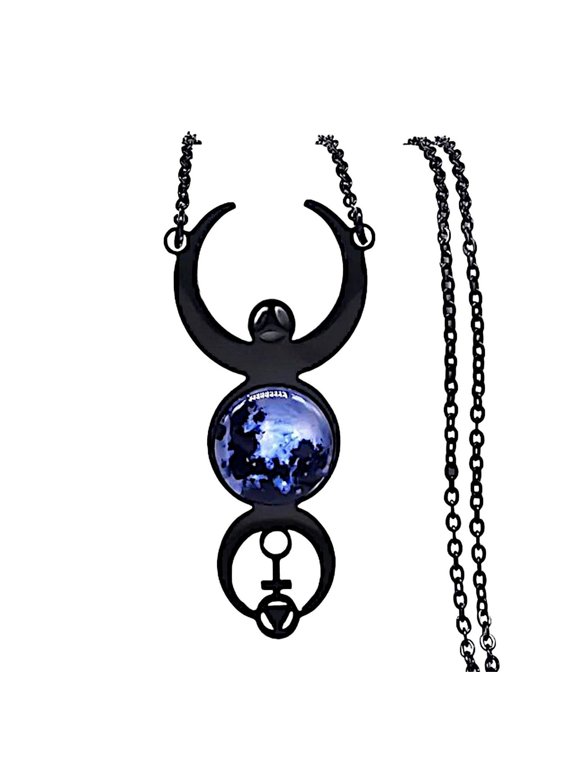 Triple Moon Goddess Necklace Black 316L Stainless Steel Pagan Wicca Pendant Womens Fantasy Forge Jewelry