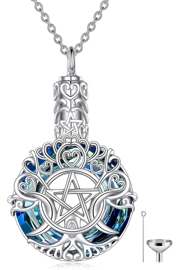 Triple Moon Goddess Pentacle Urn Necklace for Ashes, Wiccan Tree of Life Cremation Jewelry with Blue Crystal, Memorial Keepsake Pendant for Human/Pet Ashes, Sympathy Gift for Women Men