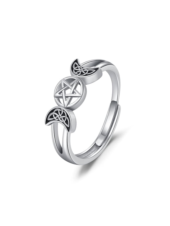 Triple Moon Goddess Ring 925 Sterling Silver Pagan Wicca Pentagram Ring Adjustable Triple Moon Goddess Jewelry Gifts for Women Her Girlfriend Wife