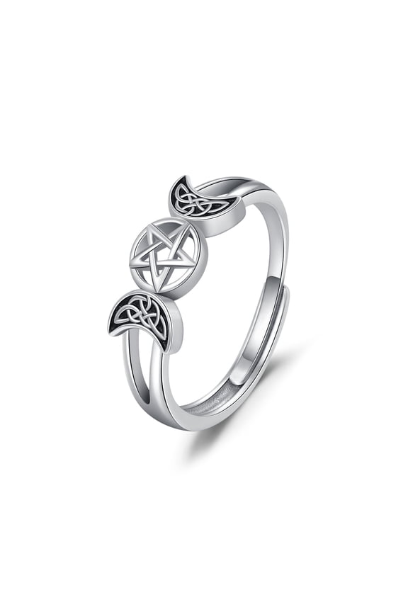 Triple Moon Goddess Ring 925 Sterling Silver Pagan Wicca Pentagram Ring Adjustable Triple Moon Goddess Jewelry Gifts for Women Her Girlfriend Wife
