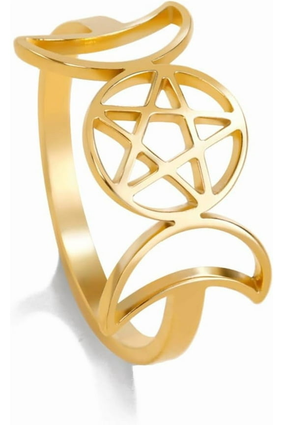Triple Moon Goddess Ring for Women Pentagram Star Crescent Moon Amulet Religion Wicca Jewelry Pagan Gift