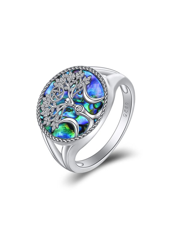 Triple Moon Goddess Rings Sterling Silver Tree of Life Ring Pentagram Pentacle Ring Pagan Wiccan Magic Amulet Tree of Life Jewelry Gift for Women Men (8)