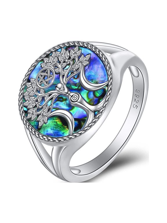 Triple Moon Goddess Rings Sterling Silver Tree of Life Ring Pentagram Pentacle Ring Pagan Wiccan Magic Amulet Tree of Life Jewelry Gift for Women Men (8)