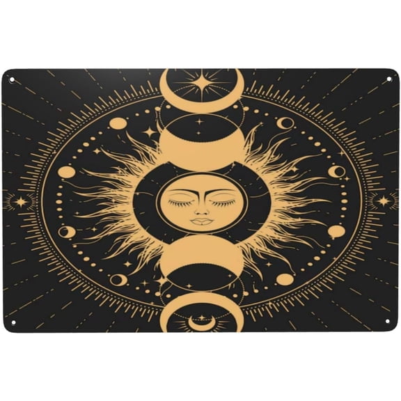 Triple Moon Goddess Sun Metal Tin Sign, Farmhouse Garden Bar Cafe Wall Art Decoration Metal Painting, 8 x 12 Inch
