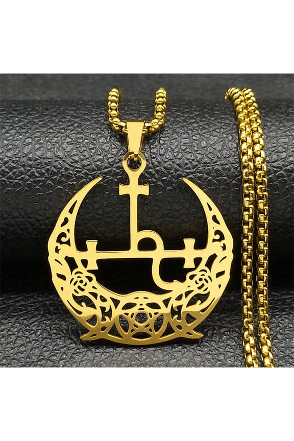 Triple Moon Goddess Symbol Pendant For Women Men 14K Yellow Gold Witch Pentagram Pendants Handmade Jewelry