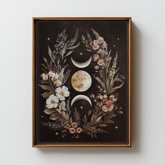 Triple Moon Goddess Wall Art Botanical Lunar Phase Decor Boho Witchy Print Poster, Poster Only