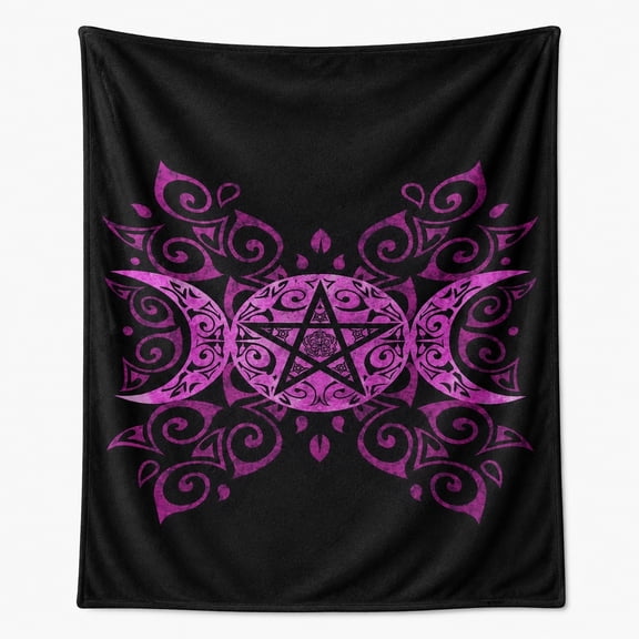 Triple Moon Pentacle Fleece Blanket, Purple Wiccan Mandala Throw