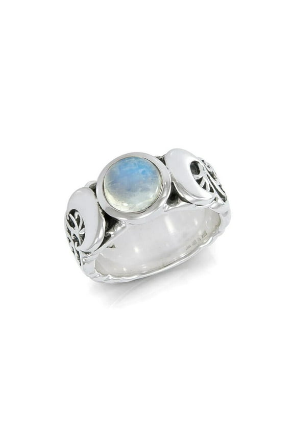 Triple Moon Rainbow Moonstone 925 Sterling Silver Ring Fine Pagan Wiccan Jewelry