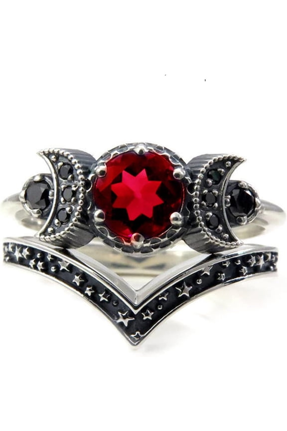 Triple Moon Star Goddess Rings Set, 2-in-1 Purple Red Crystal Crescent Pentagram Rings for Women Jewelry