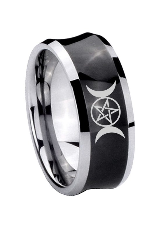 Triple Moons Goddess Concave Black Tungsten Men Ring 10MM