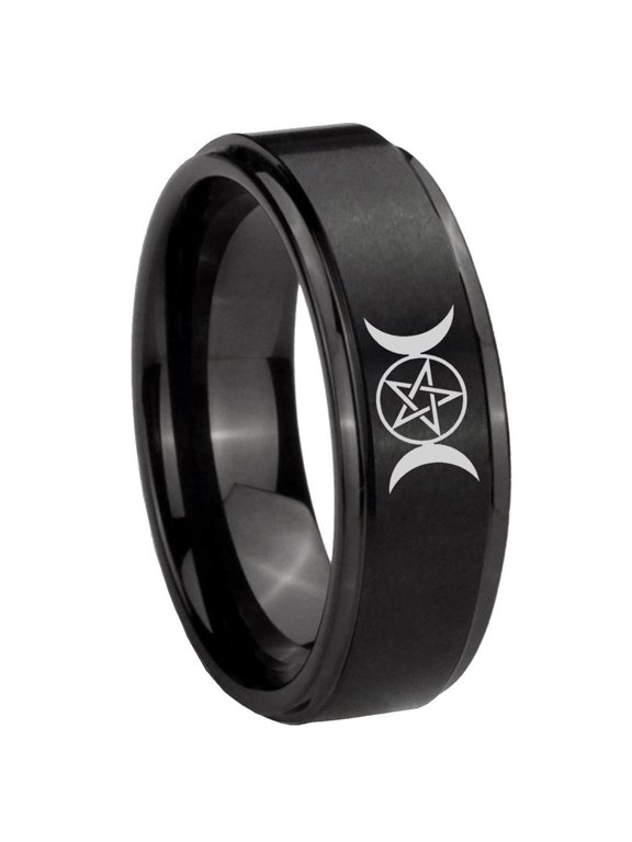 Triple Moons Goddess Step Edge Brush Black Tungsten Men Ring 10MM