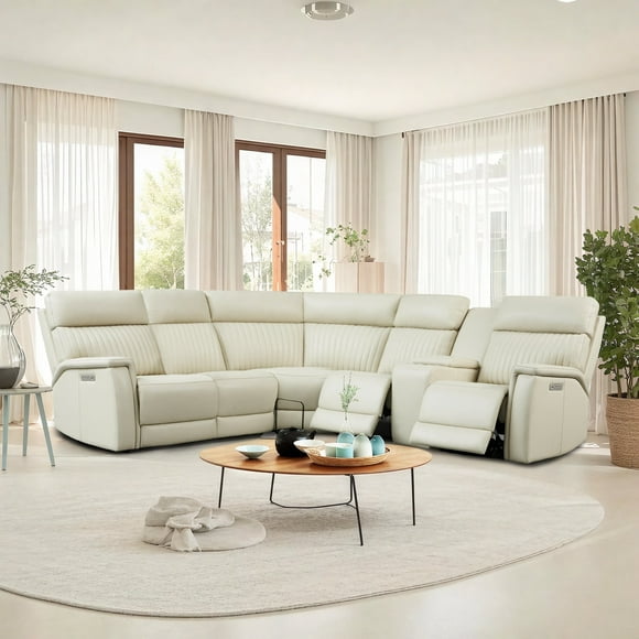 Triple-Power Genuine Leather Cream Reclining Sectional Sofa With Console Headrest Footrest Lumbar USB&USB-C Port ( 1pwr. & 1sta. armlesschair )