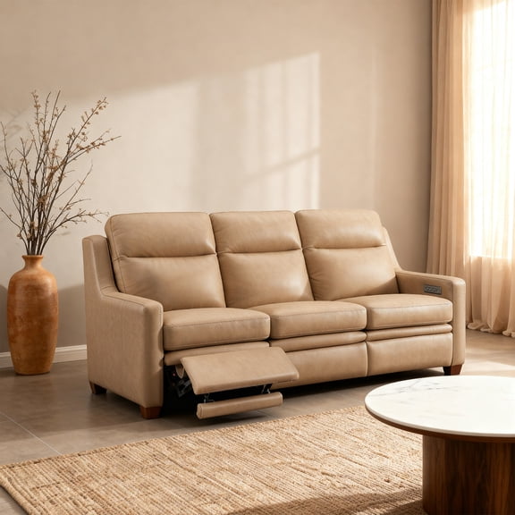 Ellesophas Zero-Wall Design Power Reclining Sofa, Genuine Leather 3-Seat with 3-Motor System and USB-C, Wheat
