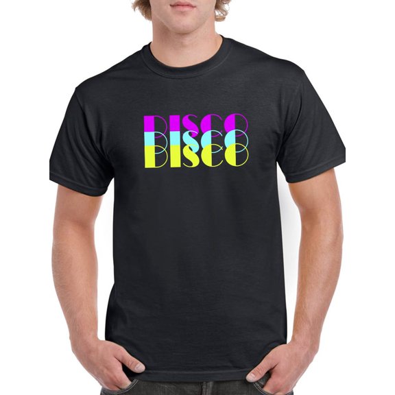 Triple Multicolor "Disco" Medium Front Text Men Black T-Shirt, Male Medium