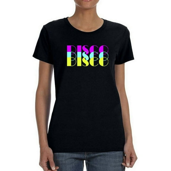 Triple Multicolor "Disco" Medium Front Text Women Black T-Shirt, Female XX-Large
