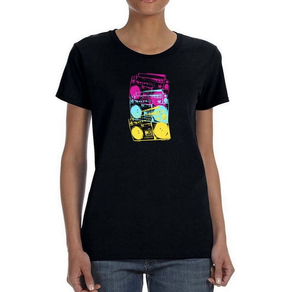 Triple Multicolor Old Radio Medium Front Vertical Graphic Women Black T-Shirt, Female Large