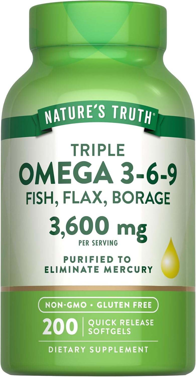 Triple Omega 3-6-9 3600 mg | 200 Softgels | Fish, Flax, Borage Oils Supplement | by Nature's Truth