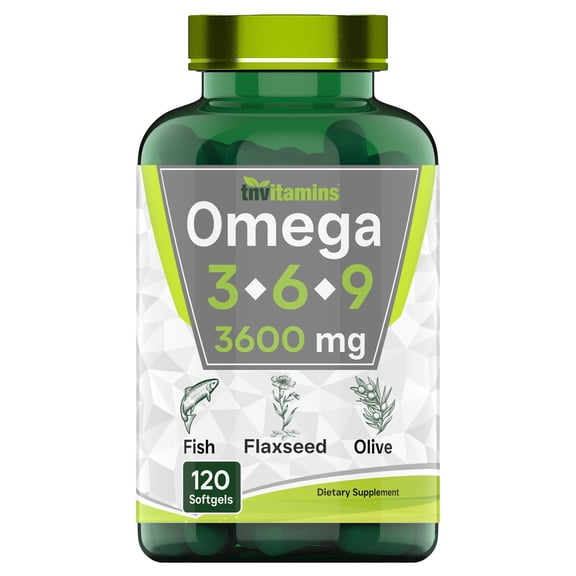 TNVitamins Triple Omega 3, 6, 9 Softgels Dietary Supplement 3600 Mg, Fish, Flaxa and Olive Oil, Essential Fatty Acids, Heart, Nervous System Support, Count 120