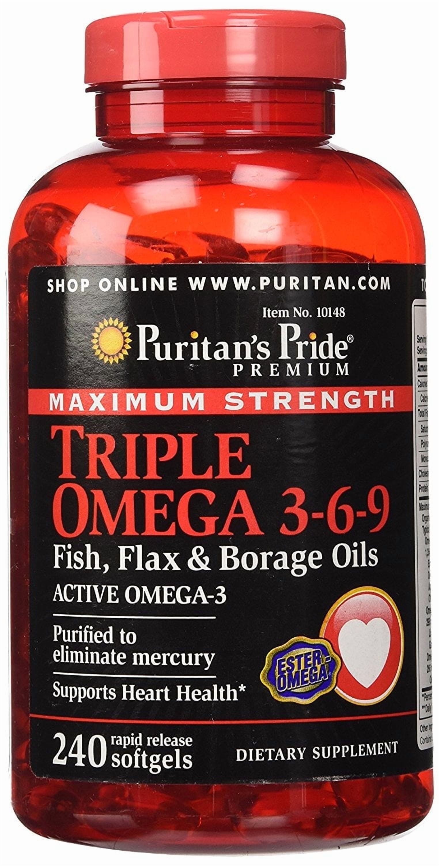 Puritan's Pride Triple Omega 3-6-9 Fish, Flax, and Borage Oils, Omega Fatty Acid Supplement, Purified to Eliminate Mercury, Supports Heart Health, 240 Rapid Release Softgels