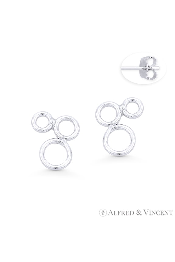 Triple Open Circle Cluster Stud Earrings w/ Push-Back Posts in .925 Sterling Silver