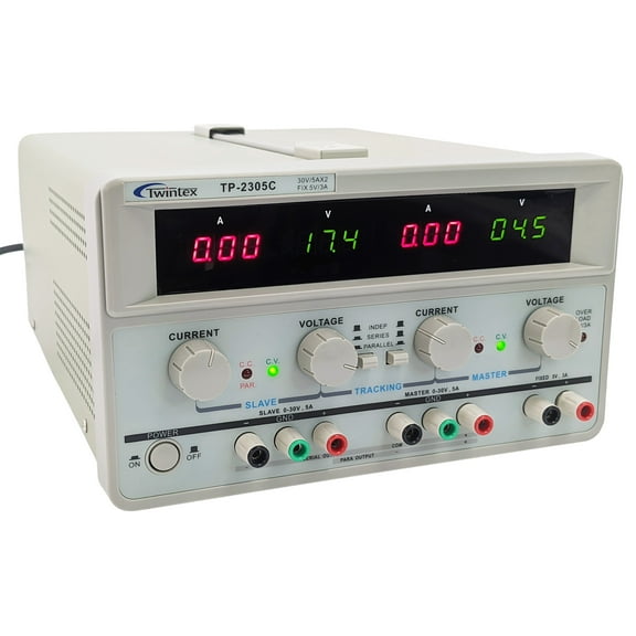 Triple Output Power Supply, Two 0-30V @ 0-5A, One Fixed 5V @ 3A, Quad LED Displays - Model TP-2305C