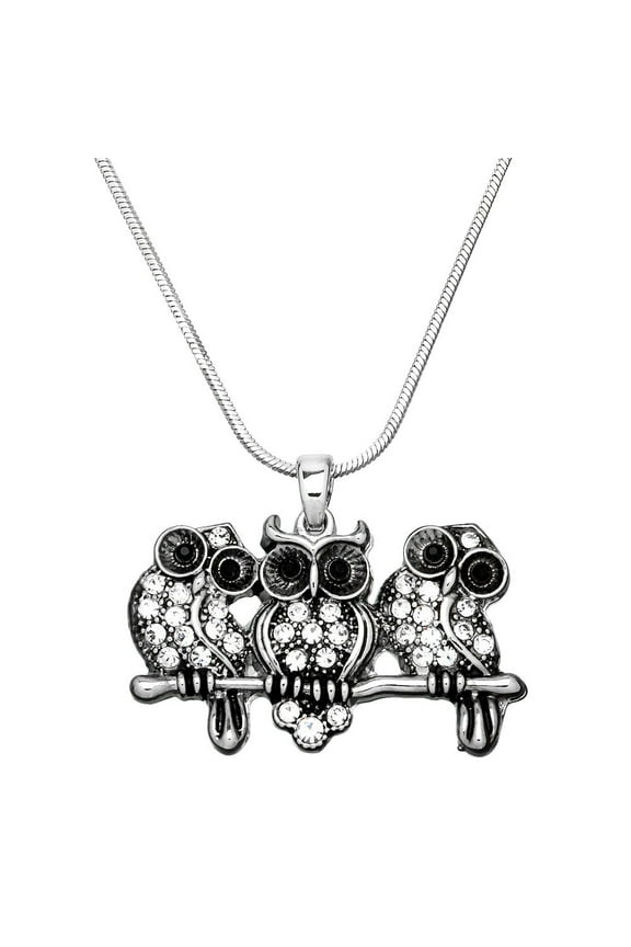 Triple Owl Pendant Necklace Clear Rhinestone Crystal Rhodium Plated 17 Inch Snake Chain J0319