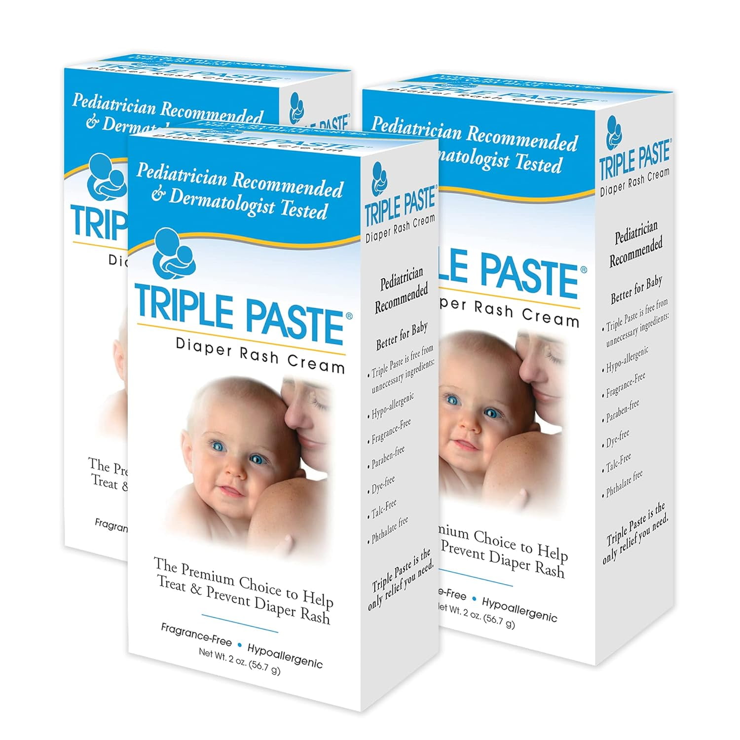 Triple Paste Diaper Rash Cream, Hypoallergenic Medicated Ointment for Babies, 2 oz (Pack of 3) 2