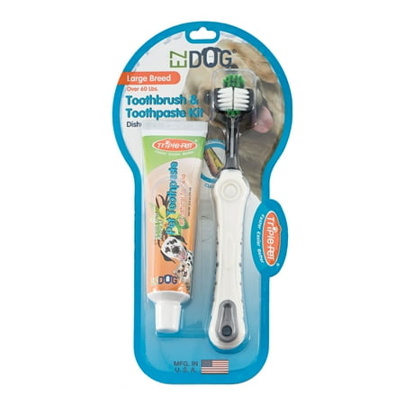 Triple Pet EZ Dog Dental Care Kit: 3-Sided Toothbrush & All-Natural Vanilla Toothpaste, Large Breed