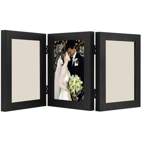Triple Picture Frame 5x7, Hinged Trifold Tabletop Photo Frame with 3 Openings for 5x7 Vertical Photos, Desktop Family Picture Collage Frame for Home Office Decor Display, Real Glass Protection, Black