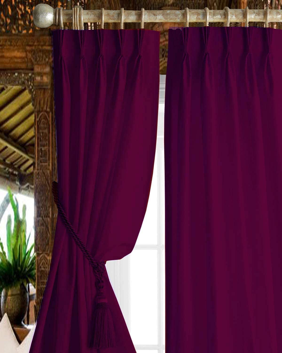 Triple Pinch Pleated Drapes Curtains Blackout for Doors & Windows with Ring Added Hook | Curtains for Living Room, Bedroom & Window (1 Panel, 52" W x 63" L) { Wine }
