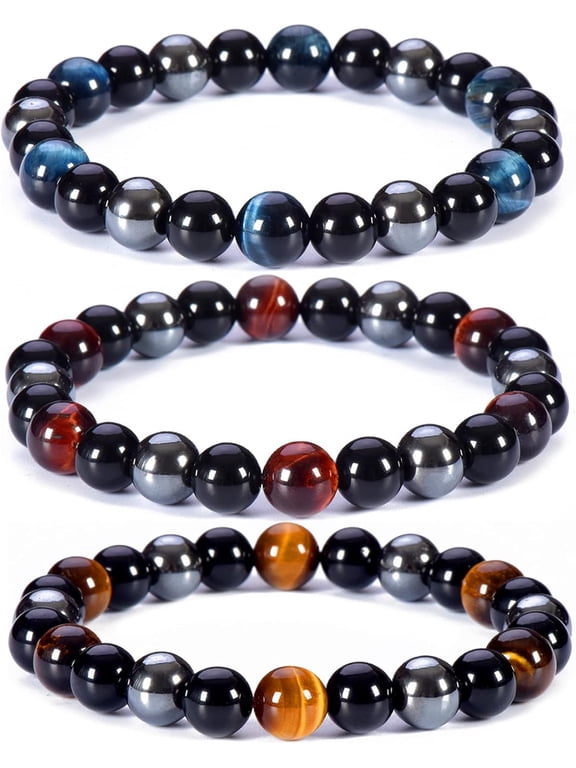 Triple Protection Bracelet, 8mm Healing Bead Bracelet, 3pcs Blue Red Tiger's Eye Obsidian Hematite Bracelet Women Men