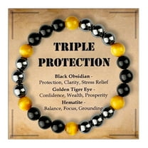 Triple Protection Bracelet – Crystals for Strength, Wealth & Balance, Black Obsidian, Golden Tiger Eye & Hematite, Stretch Beaded Bracelet for Men & Women (Flower of Life)
