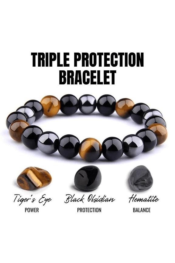 Triple Protection Bracelet | Hematite| Tiger Eye | Black Obsidian Stones