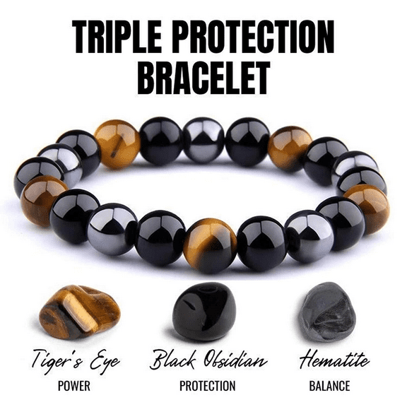 Triple Protection Bracelet | Hematite| Tiger Eye | Black Obsidian Stones
