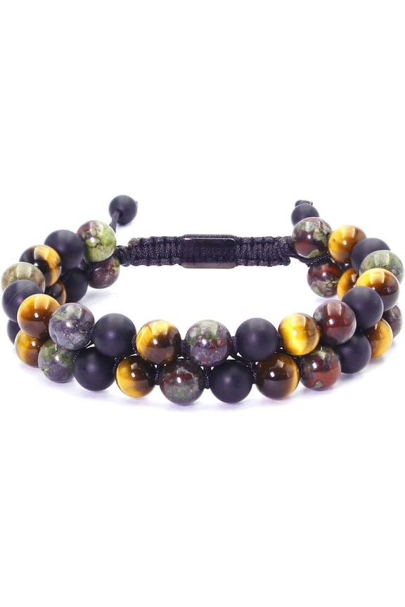 Triple Protection Bracelet for Men Women Energy Protection Beads Tigers Eye Onyx Bloodstone Mens Bracelet Double Wrap, Stone Bracelet for Men Gifts for Him