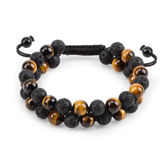Triple Protection Bracelet for Men Women, Genuine Premium Tiger Eye Black Onyx and Lava Rock 8mm Handmade Bead Bracelet Healing Crystal Protection Bracelet Bring Luck and Prosperity and Happiness