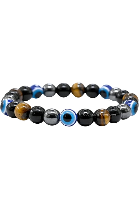 Triple Protection Bracelet Set Evil Eye, Tiger Eye, Hematite & Black Obsidian for Energy Protection & Balance