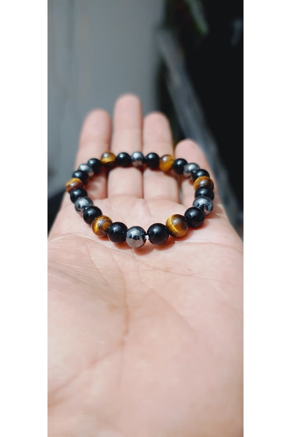 Triple Protection Bracelet: Tiger Eye, Black Obsidian, & Hematite 8 mm Round Protection Crystals, Stretch Bracelet, Gemstone Bracelet.