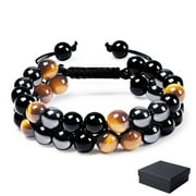 GNAFILNIQ Triple Protection Bracelet, Tiger Eye Hematite Bracelet for Men, Mens Black Obsidian Bracelet Evil Eye 8mm Bead Handmade Bracelet for Women